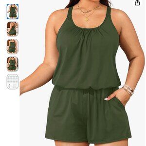 NWT Tempt Me Romper One Piece Swimsuit Women Size 18W Pockets Modest Army Green